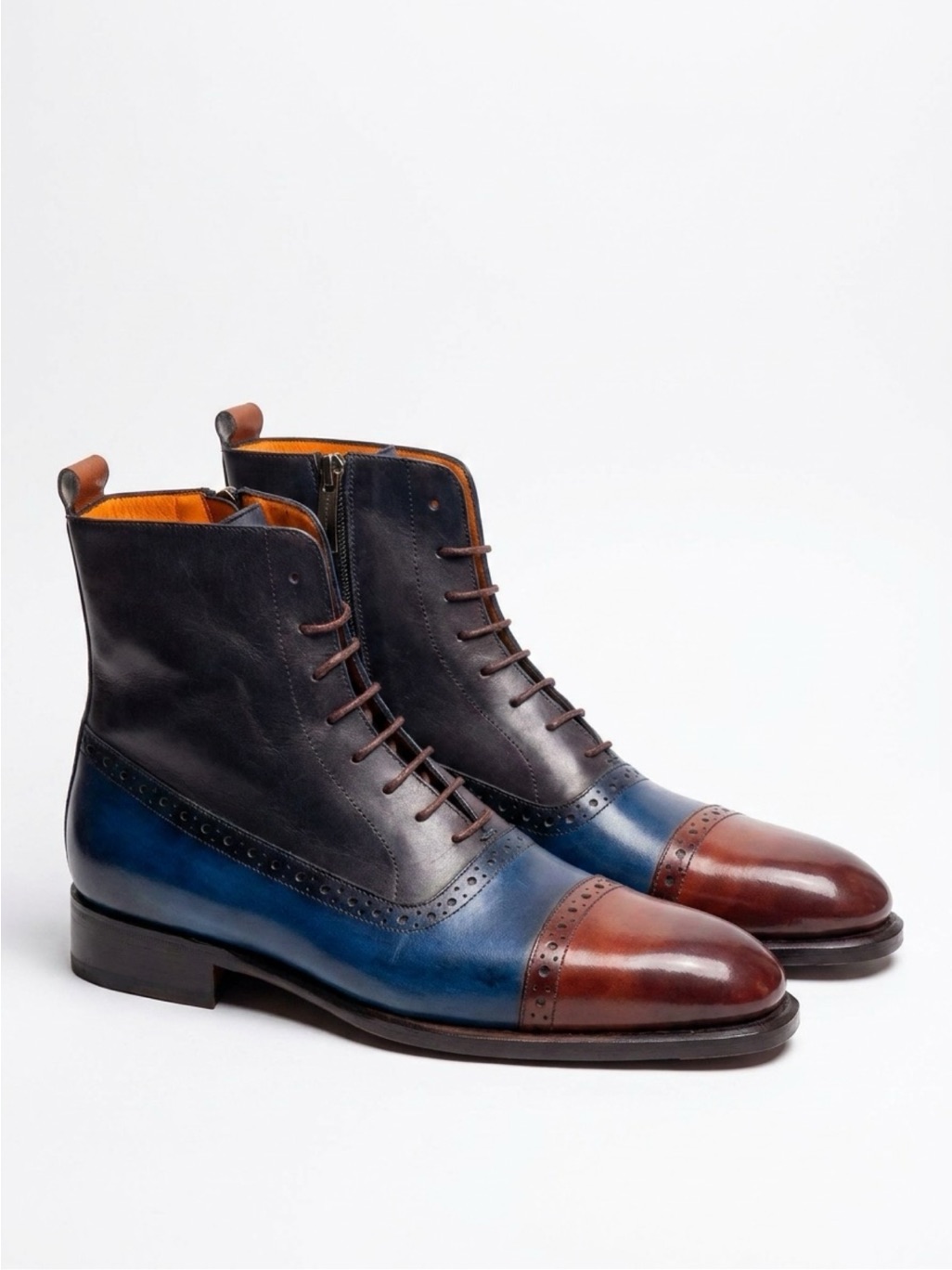 Three-Tone Leather Cap-Toe Lace-Up Boots - Blue/Black/Brown With Red Bottom